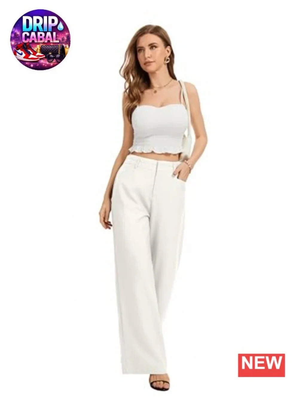 Wide Leg High Waist Work Pants Back Elastic Waistband with Pockets